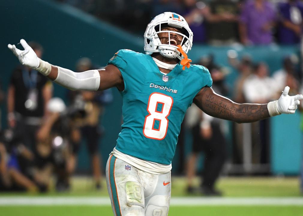 Jevon Holland of the Miami Dolphins celebrates after a game ending interception.