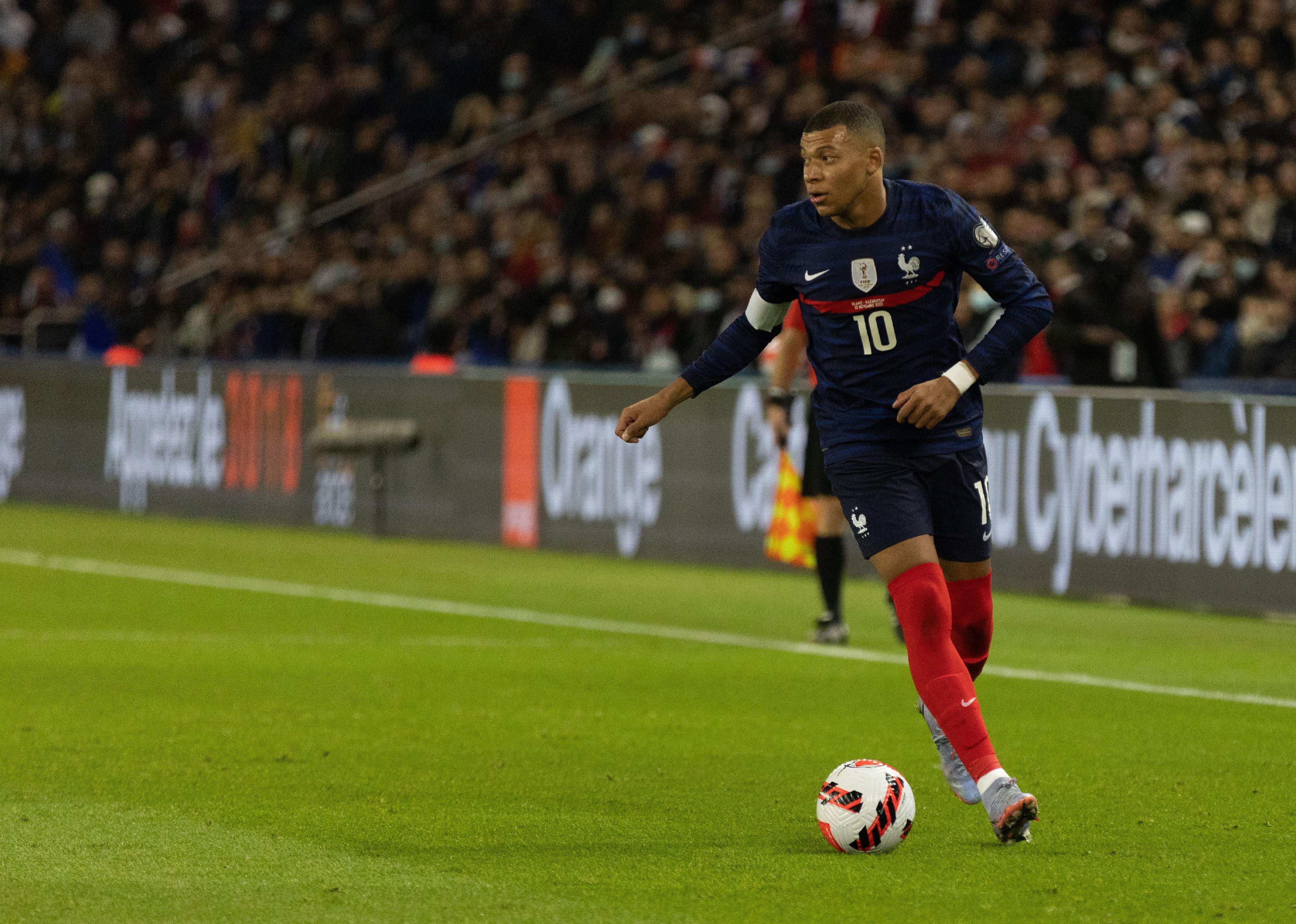 Kylian Mbappe of France in action during a 2022 FIFA World Cup Qualifier match