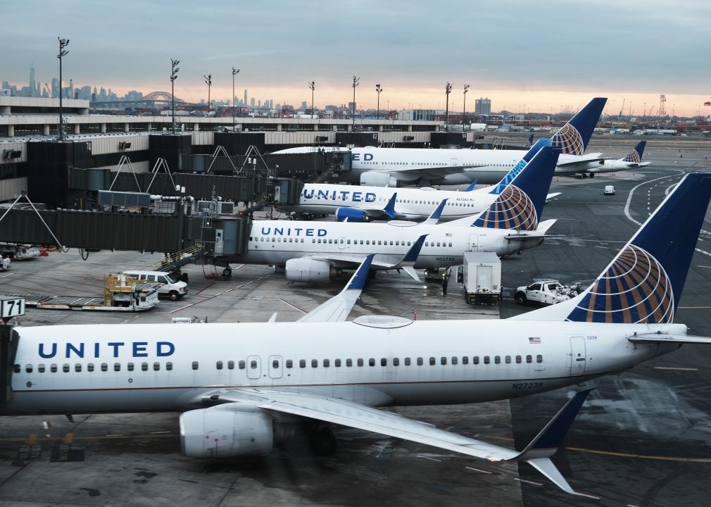 United Airlines planes sit on the runway at Newark Liberty International Airport.