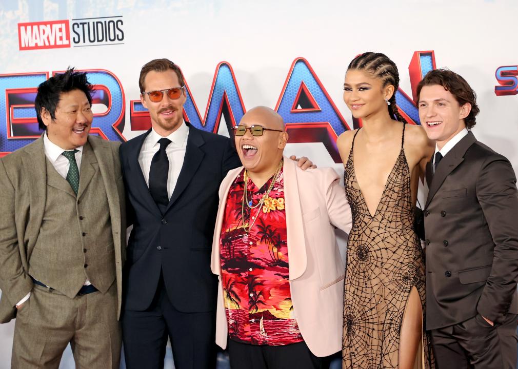 Benedict Wong, Benedict Cumberbatch, Jacob Batalon, Zendaya, and Tom Holland attend "Spider-Man: No Way Home" premiere.