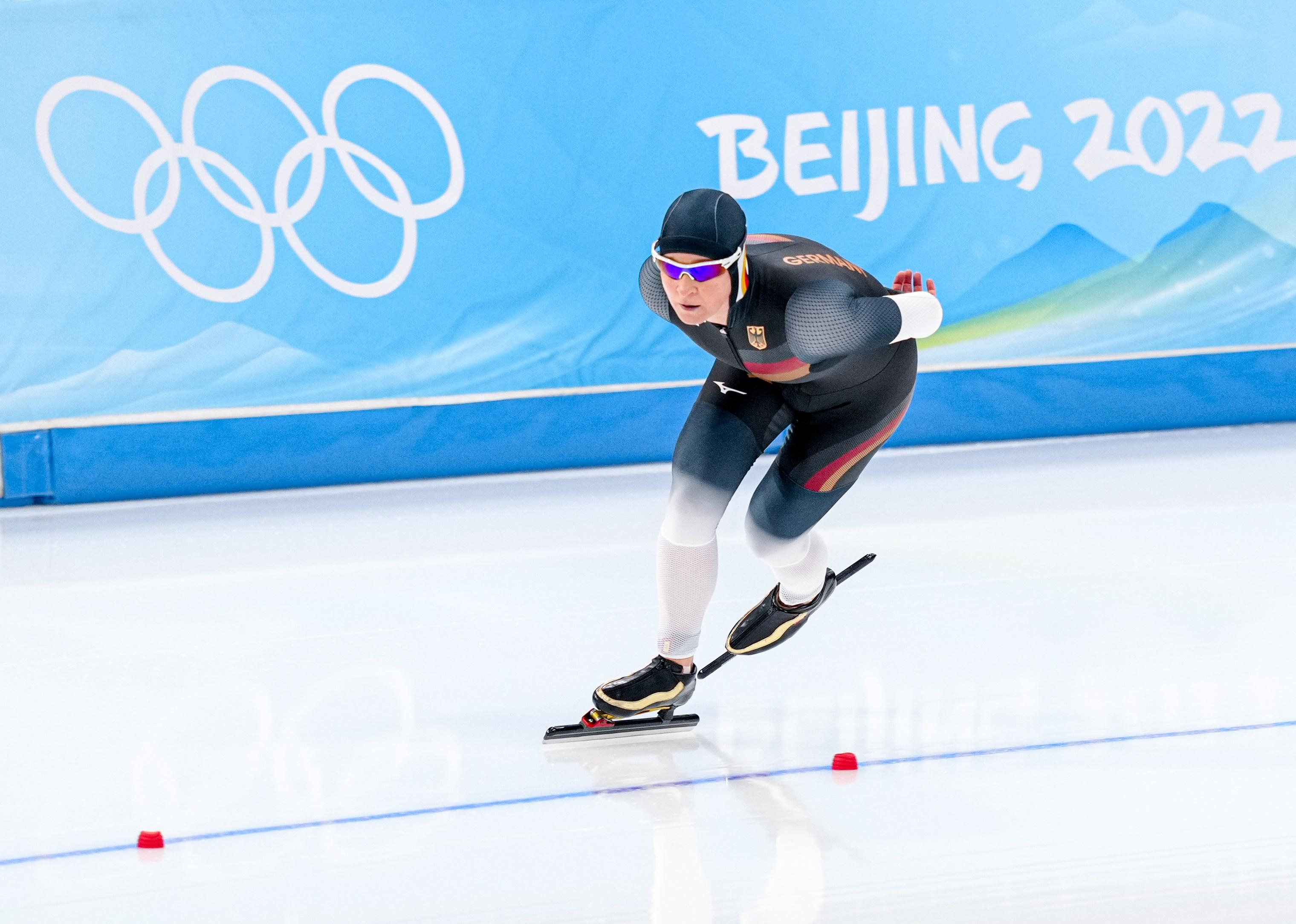 Claudia Pechstein competes during the  Beijing 2022 Winter Olympic Games.