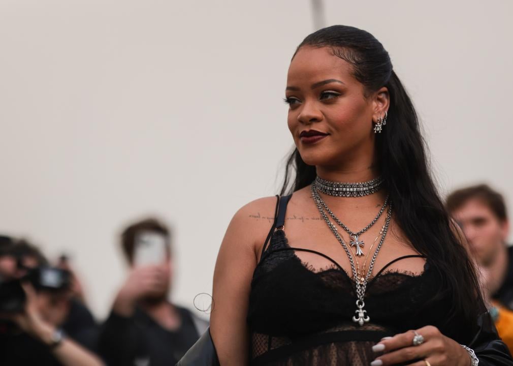 Rihanna outside the Dior show during Paris Fashion Week
