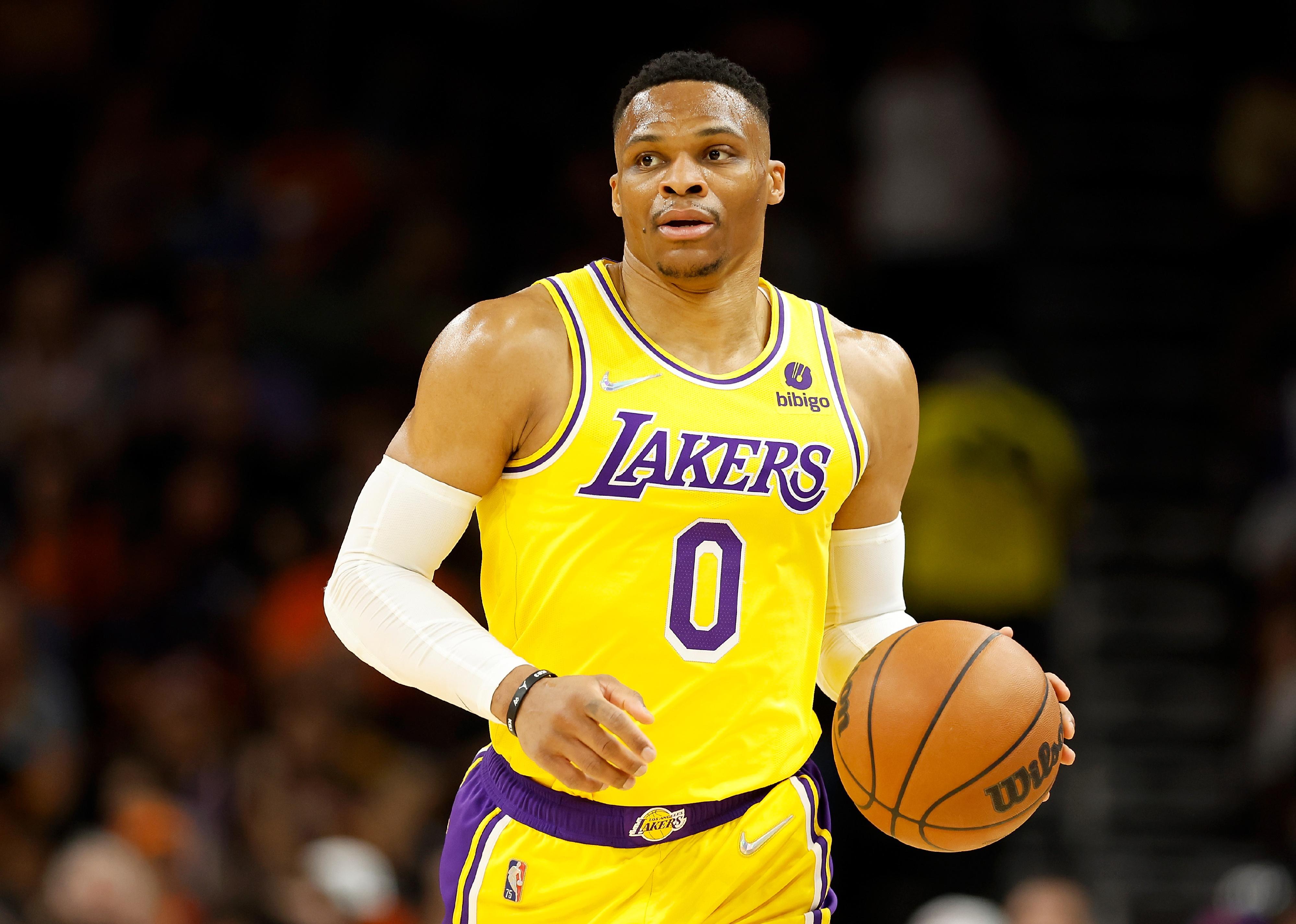 Russell Westbrook of the Los Angeles Lakers handles the ball