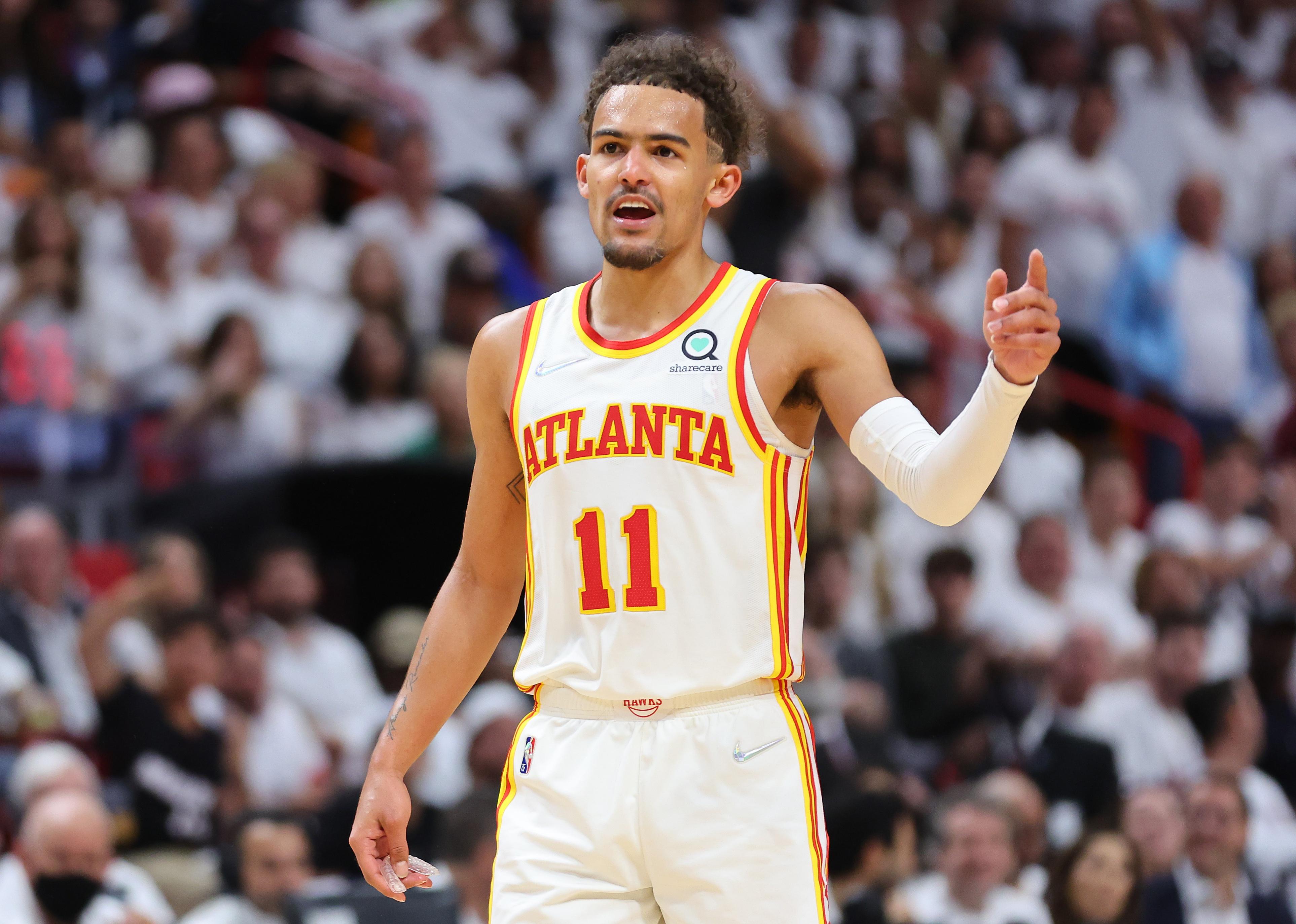 Trae Young of the Atlanta Hawks reacts against the Miami Heat