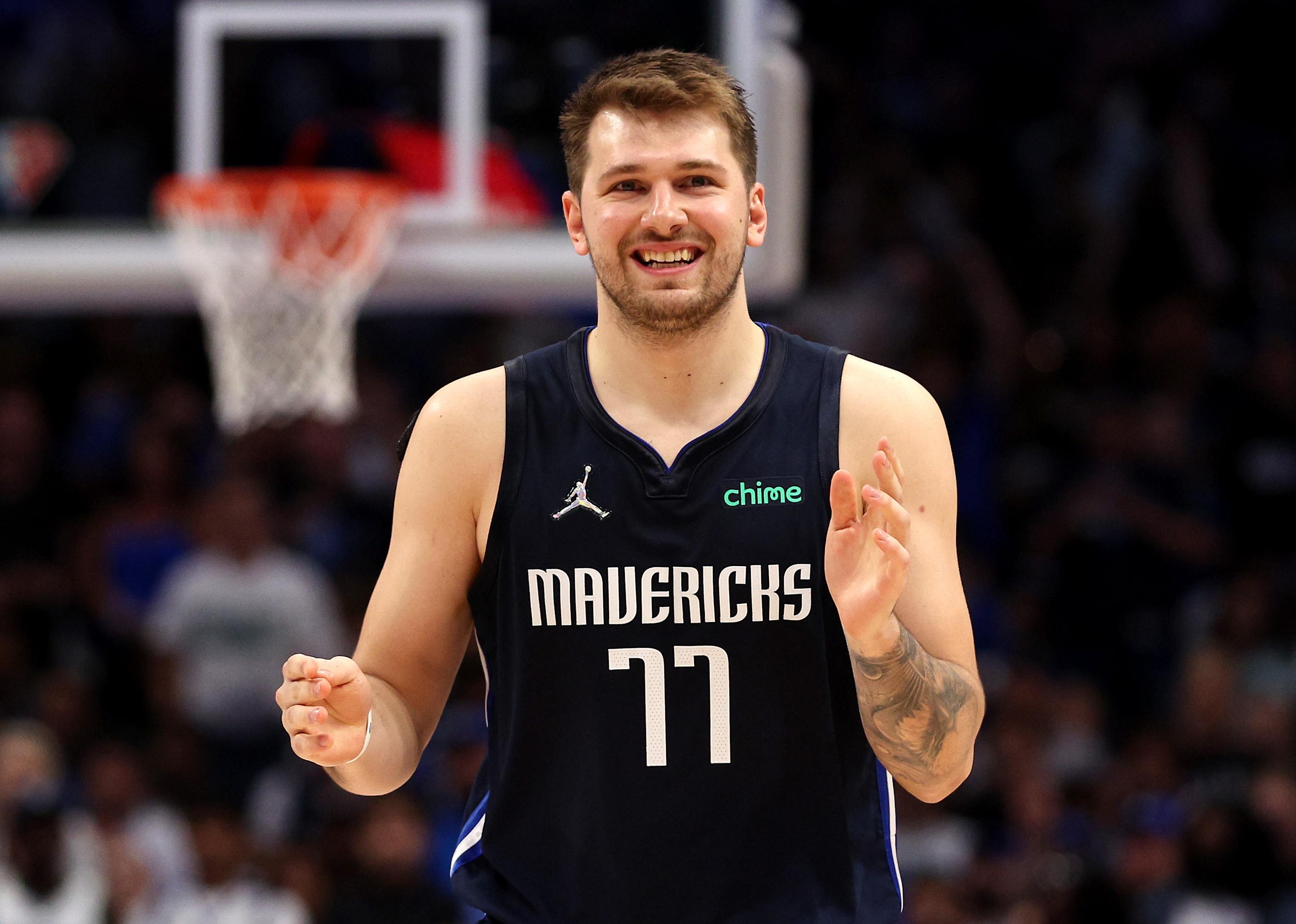 Luka Doncic of the Dallas Mavericks reacts to a play