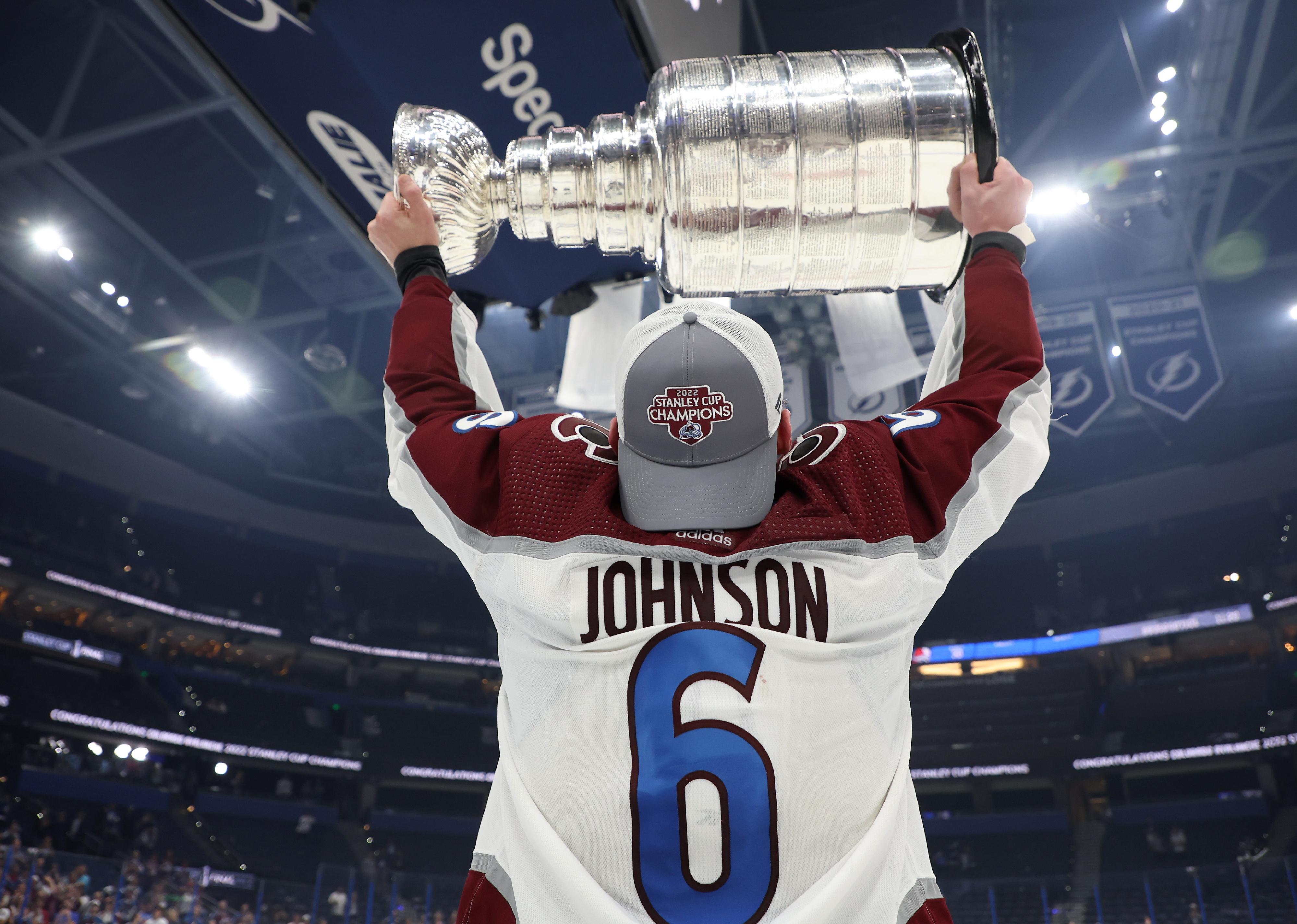 Erik Johnson of the Colorado Avalanche lifts the Stanley Cup