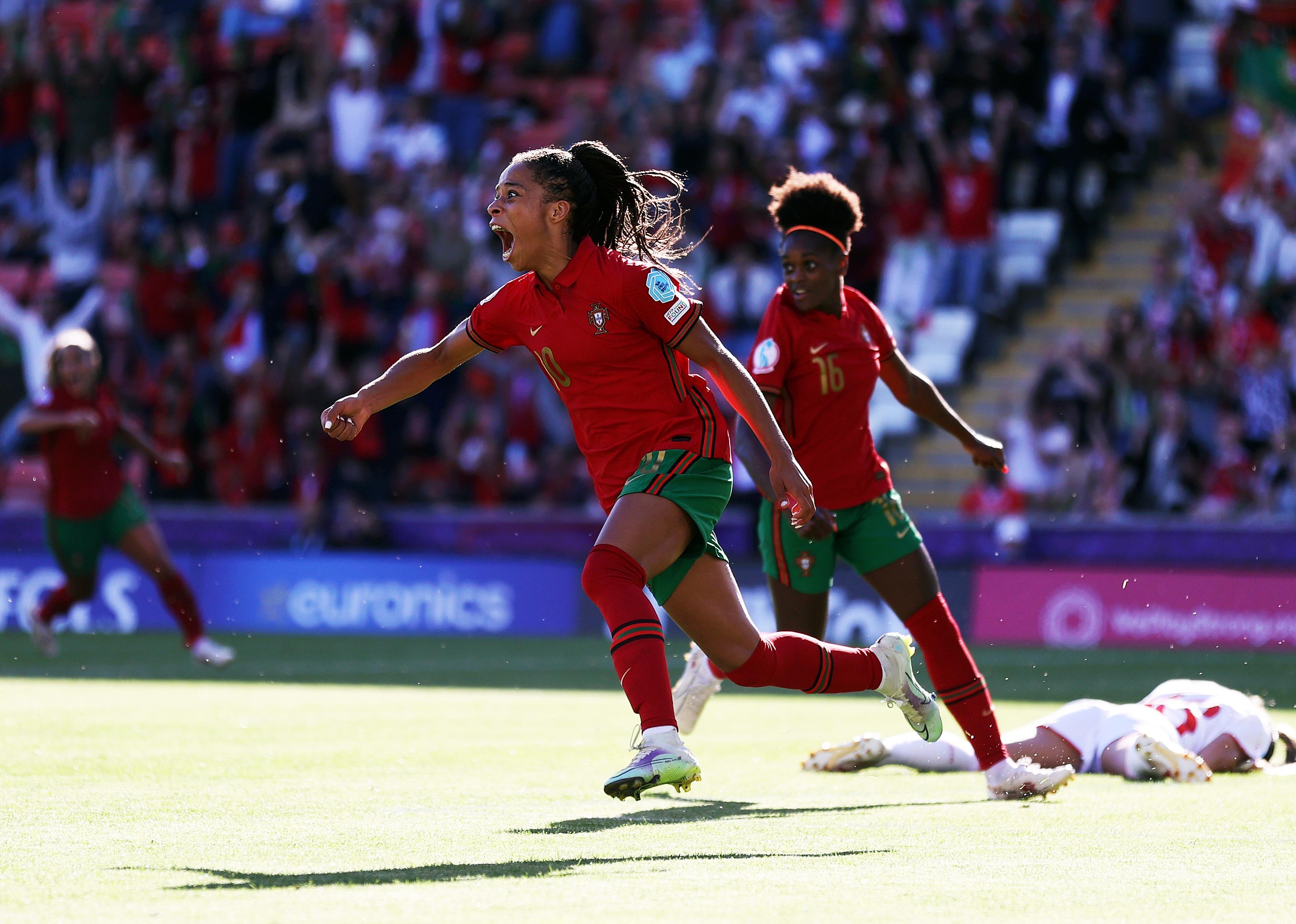 Jessica Silva of the Portugal team celebrates with teammates after a goal during the UEFA Women's Euro England 2022 match.