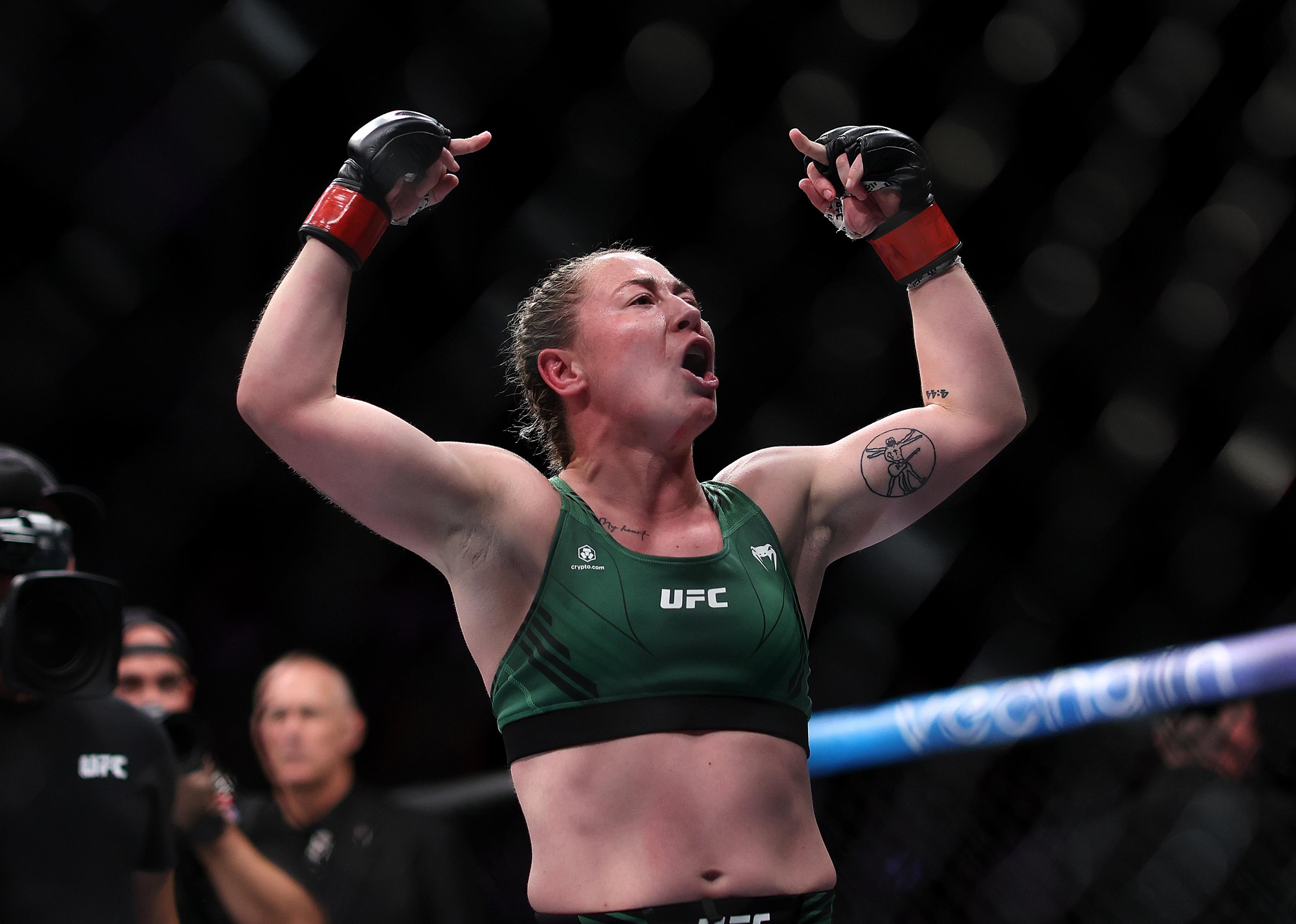 Molly McCann celebrates defeating Hannah Goldy in the Flyweight bout during UFC Fight Night.