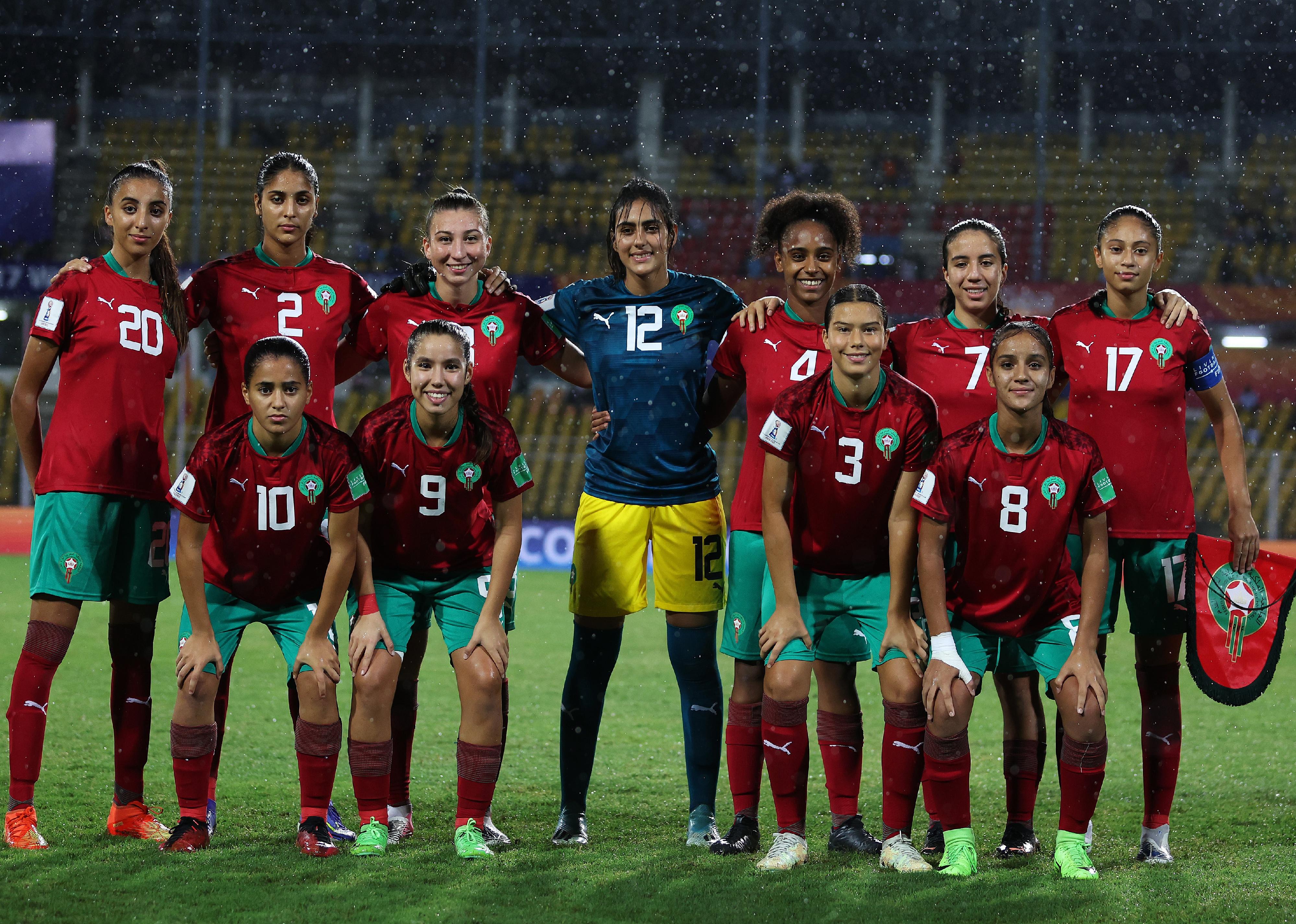 Morocco pose for a team photo ahead of the FIFA U-17 Women's World Cup 2022 Group A match.