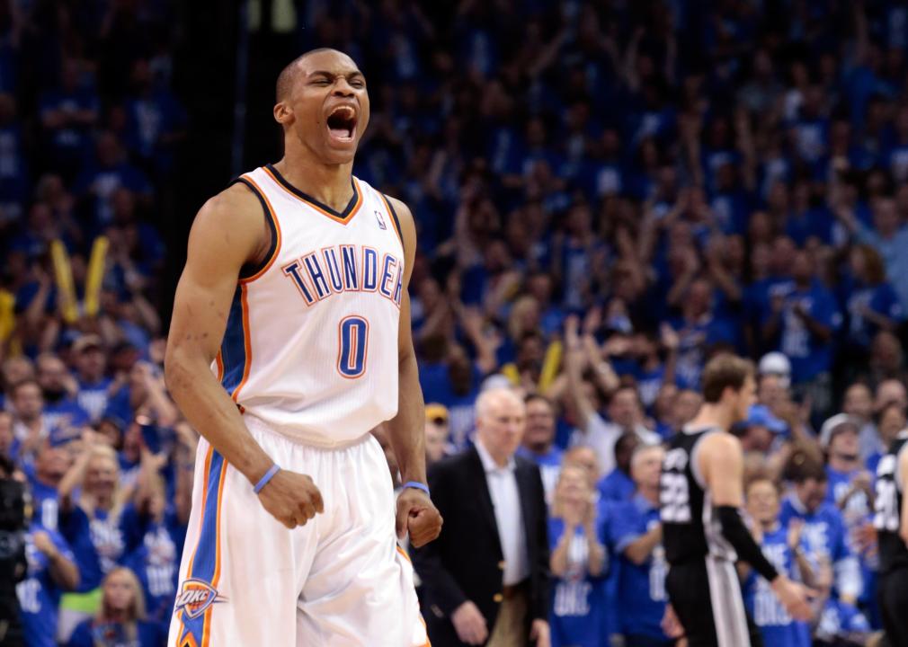 Russell Westbrook of the Oklahoma City Thunder celebrating during a game