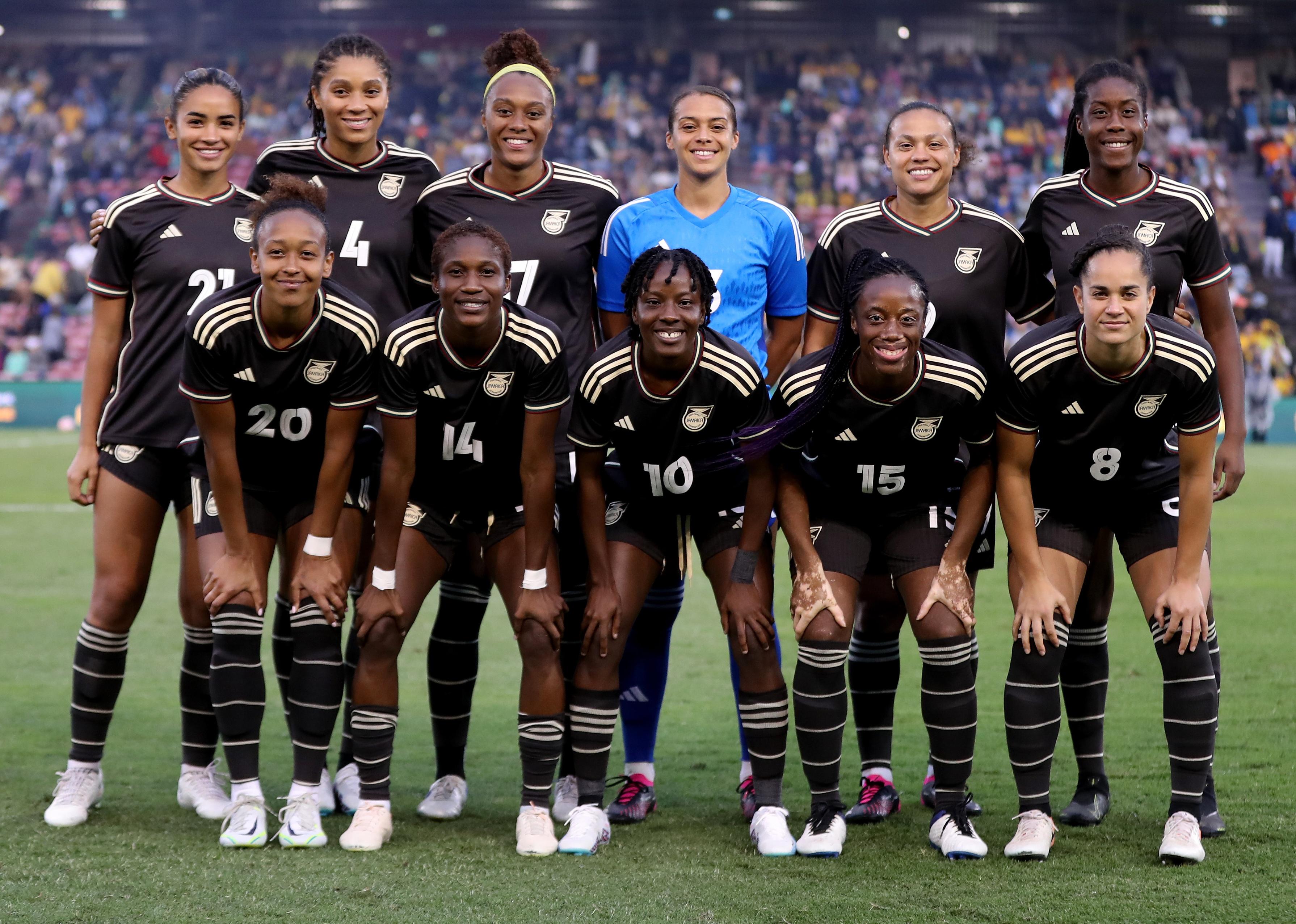Players from Jamaica pose for a team photo during the Cup of Nations match between the Australia Matildas and Jamaica.