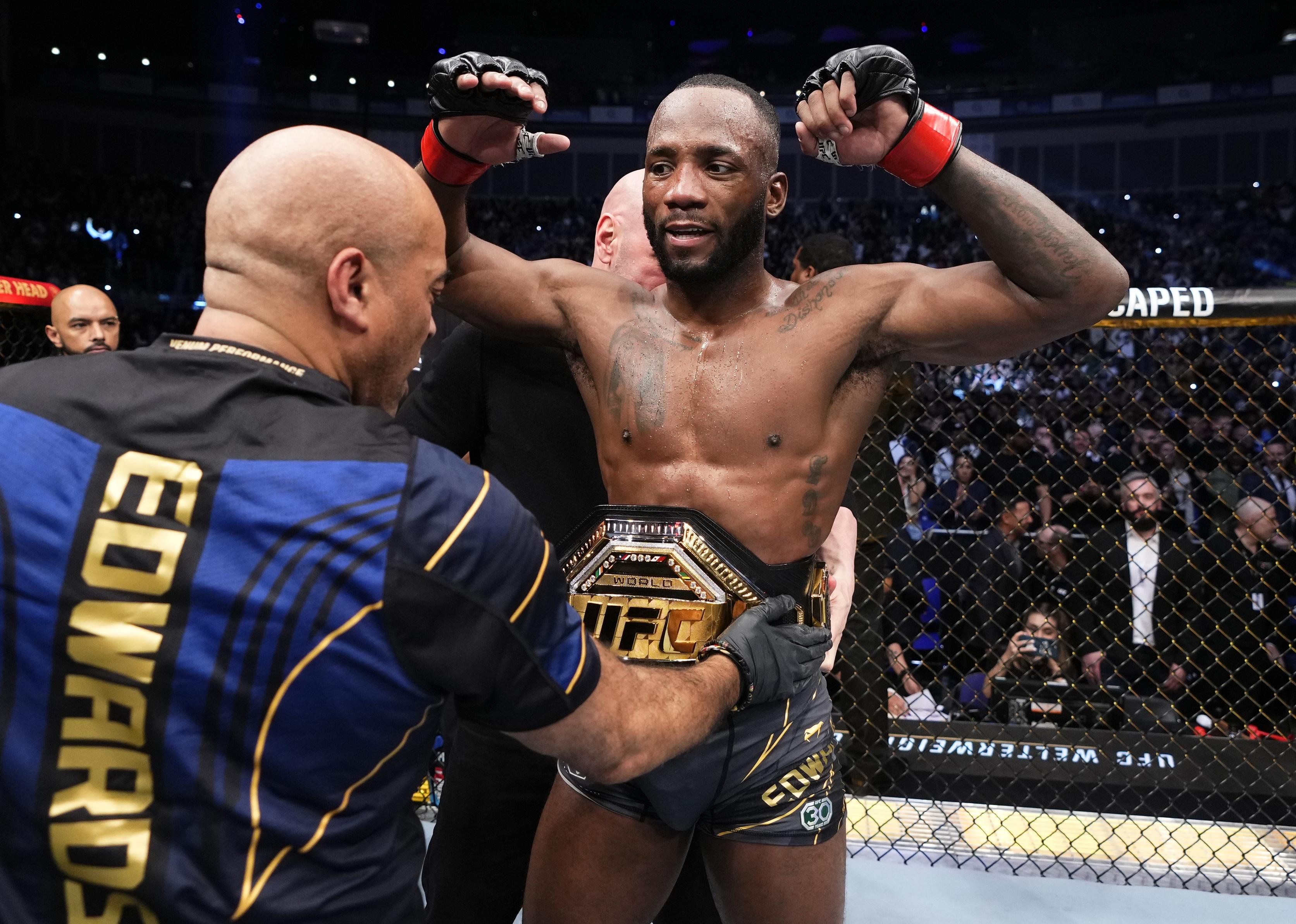 Leon Edwards reacts after defeating Kamaru Usma in the UFC welterweight championship fight.