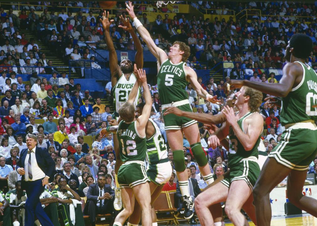 Bill Walton of the Boston Celtics goes up to block a shot during an NBA game circa 1986.