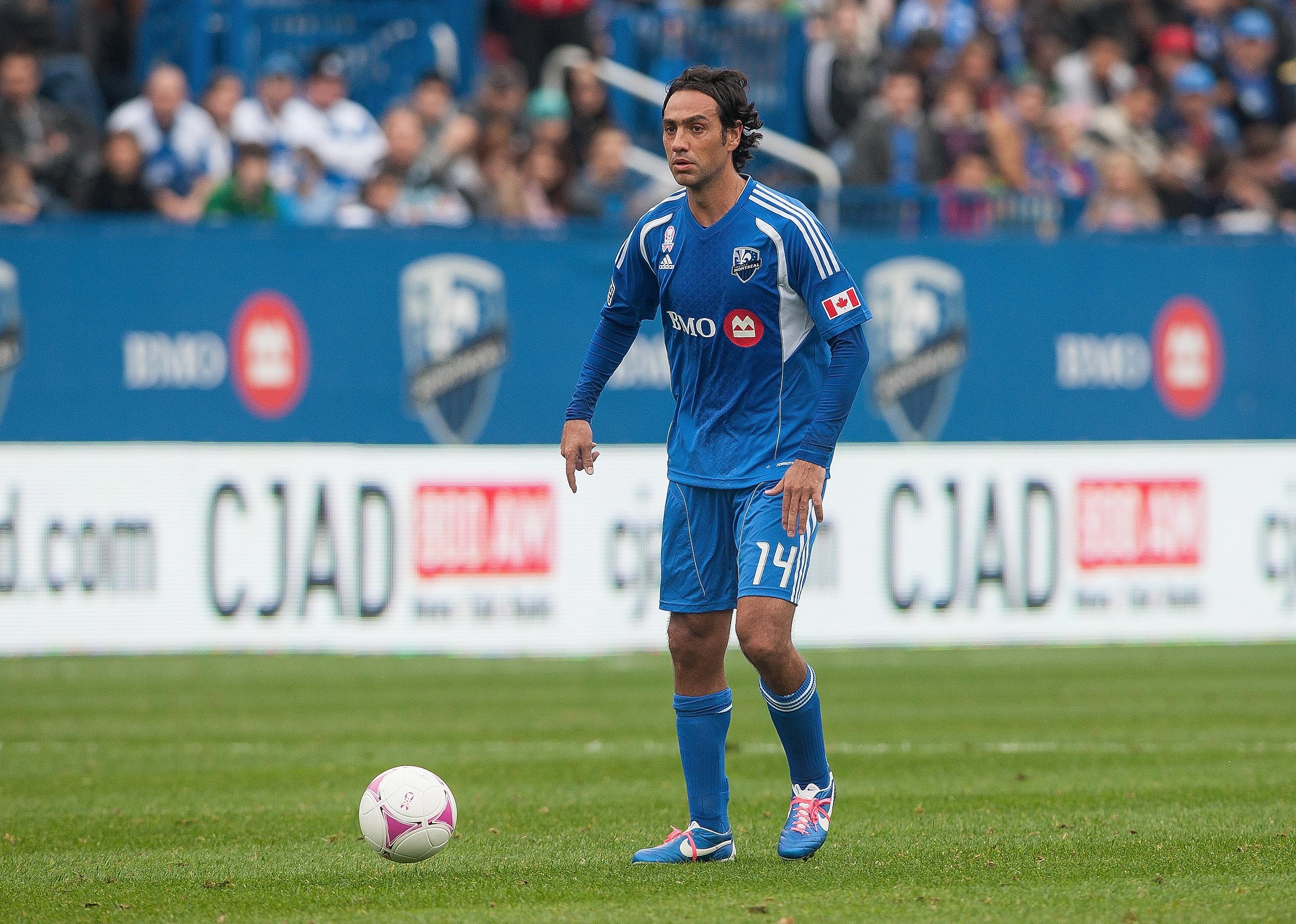 Alessandro Nesta of the Montreal Impact controls the ball in a game.