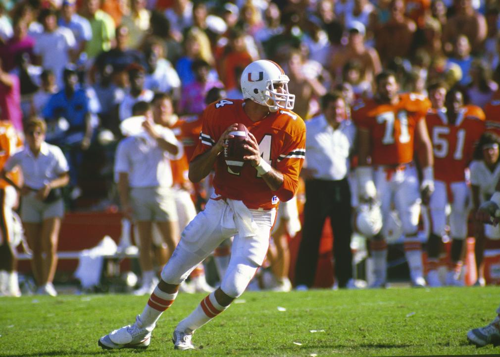 Vinny Testaverde #14 of the Miami Hurricanes drops back to pass.