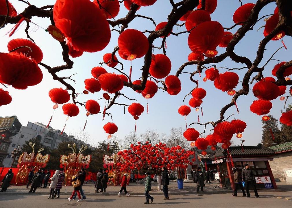 Red lanterns hang from a tree with people in the background.