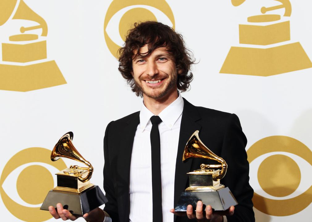 Musician Gotye poses in the press room at the 55th Annual GRAMMY Awards.