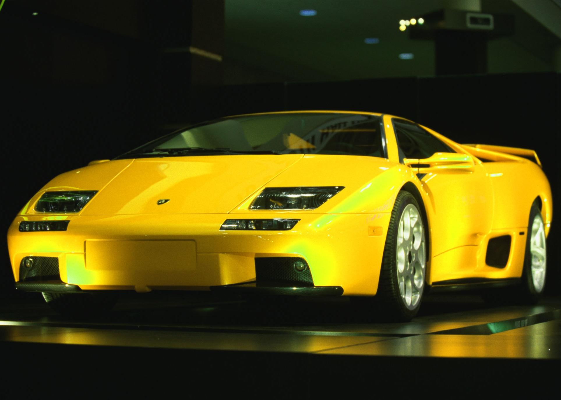 A yellow Lamborghini Diablo on display. 