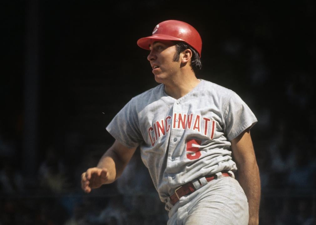 Johnny Bench of the Cincinnati Reds bats during a game against the Philadelphia Phillies.