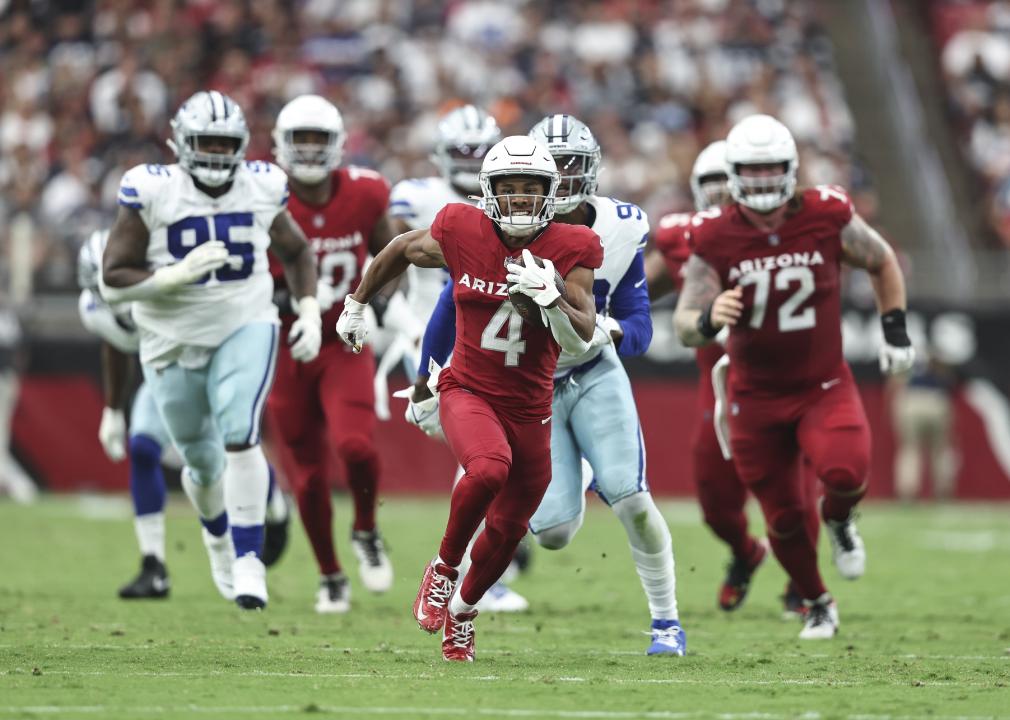 Rondale Moore of the Arizona Cardinals runs for a touchdown against the Dallas Cowboys.