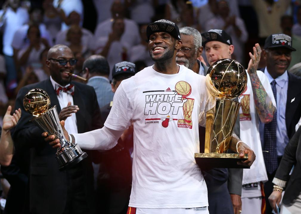 LeBron James of the Miami Heat celebrates after defeating the San Antonio Spurs.