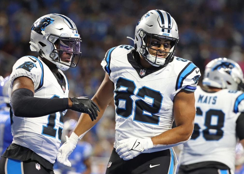 Carolina Panthers tight end Tommy Tremble celebrates a touchdown.