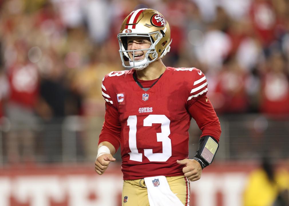 Brock Purdy of the San Francisco 49ers reacts after a touchdown.