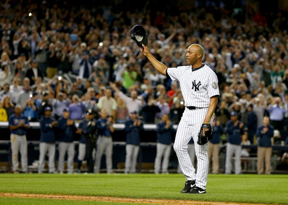 Mariano Rivera of the New York Yankees salutes the fans