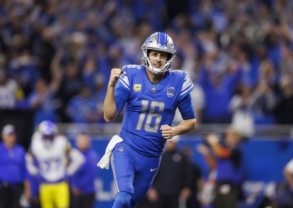 Jared Goff of the Detroit Lions celebrates after the team scored a touchdown.