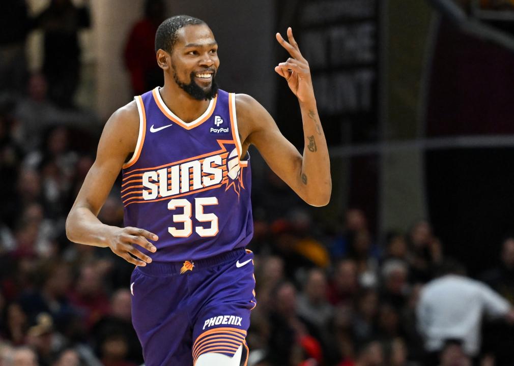 Kevin Durant of the Phoenix Suns celebrates making a three-point basket.