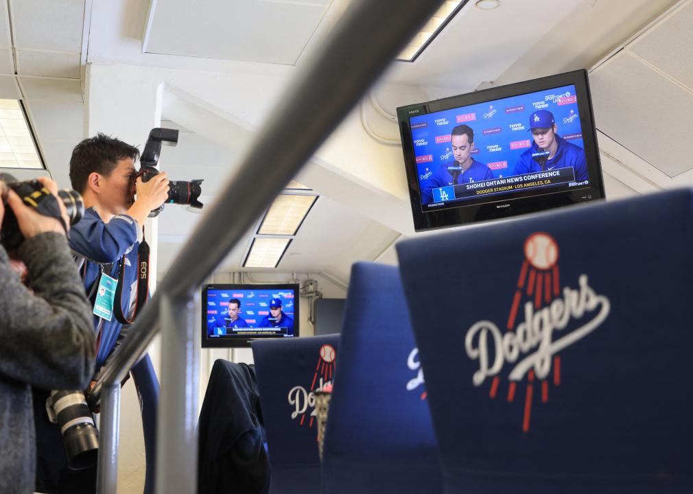 The Los Angeles Dodgers' Shohei Ohtani delivers a statement during a closed press conference.