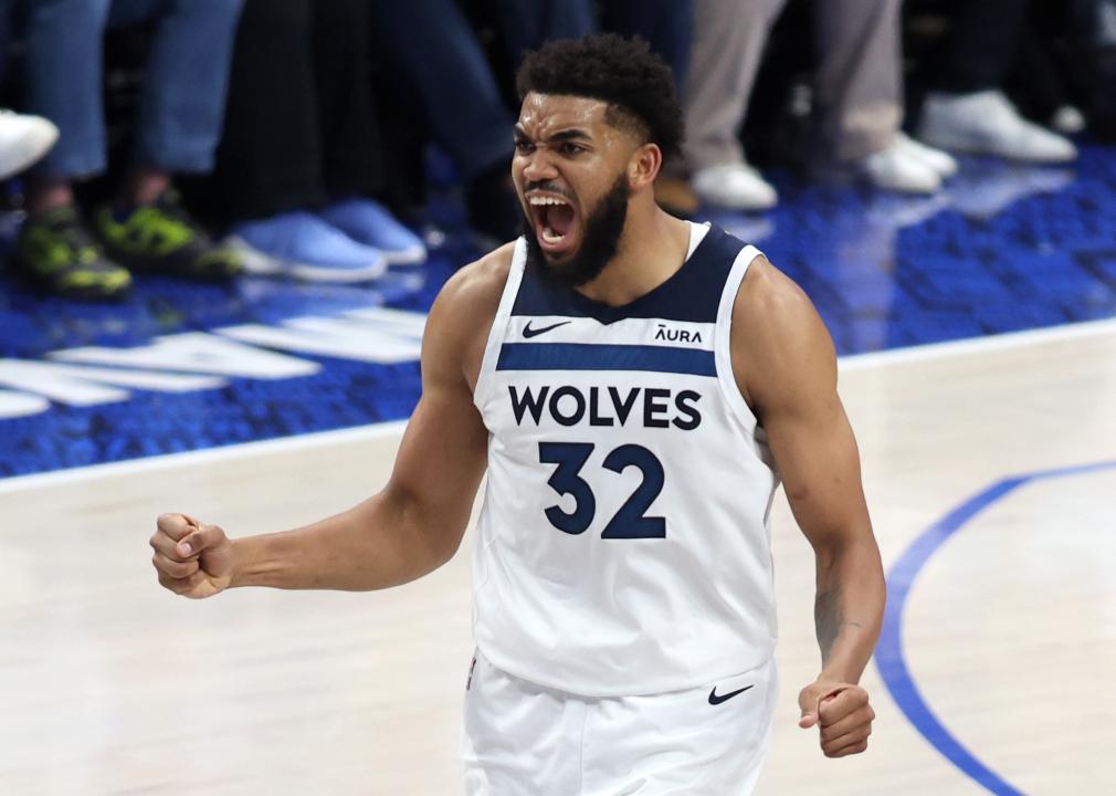 Karl-Anthony Towns of the Minnesota Timberwolves celebrates against the Dallas Mavericks.