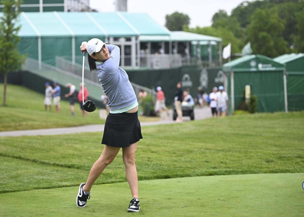 Michelle Wie West hits her tee shot during the Workday Golden Bear Pro-Am.