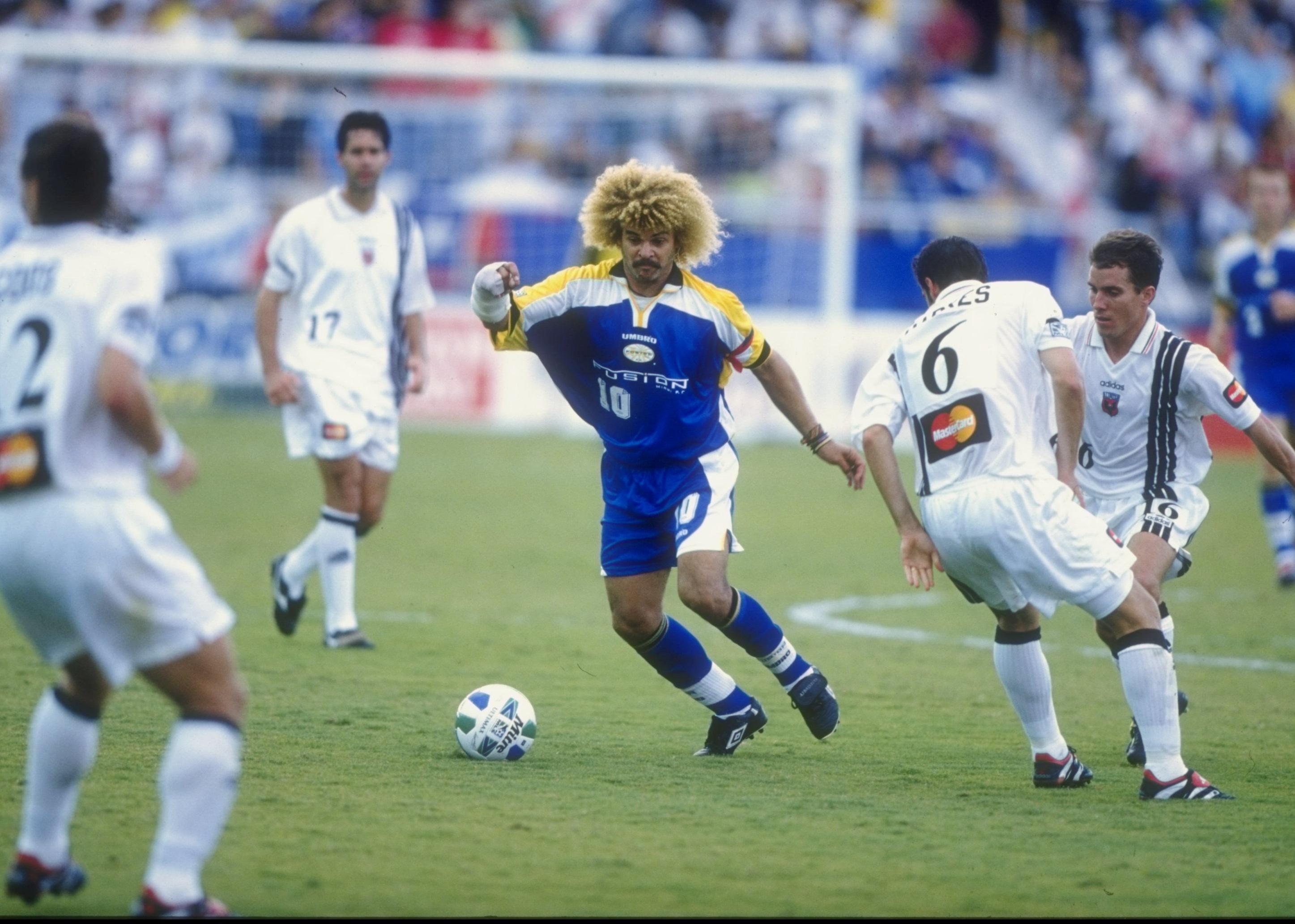 Carlos Valderrama of the Miami Fusion in action during the game against the D.C. United.