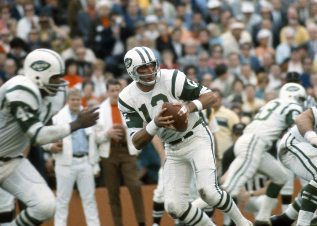Joe Namath of the New York Jets drops back to pass against the Baltimore Colts during Super Bowl III.