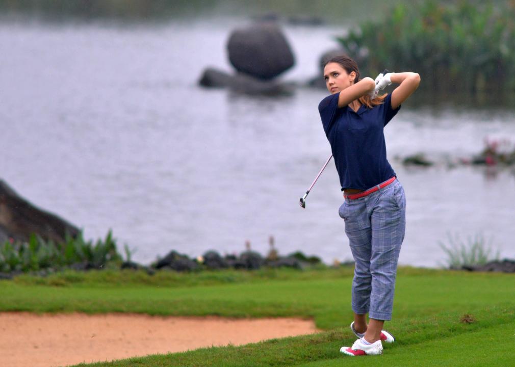 Jessica Alba plays a shot during day three of Mission Hills World Celebrity Pro-Am.