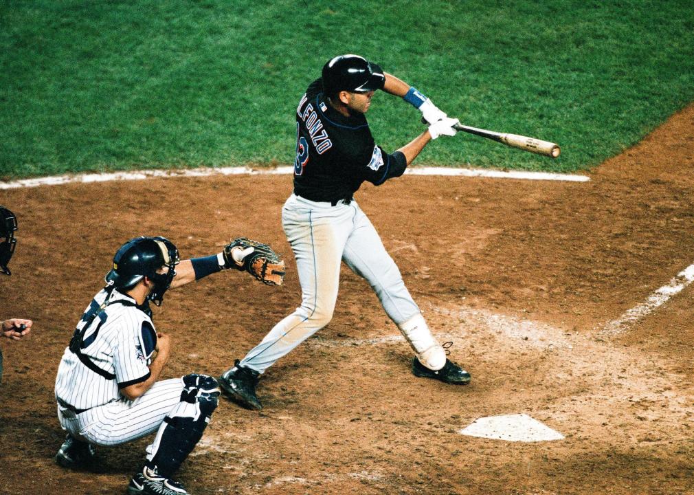 Edgardo Alfonzo of the New York Mets bats during Game One of the 2000 World Series.