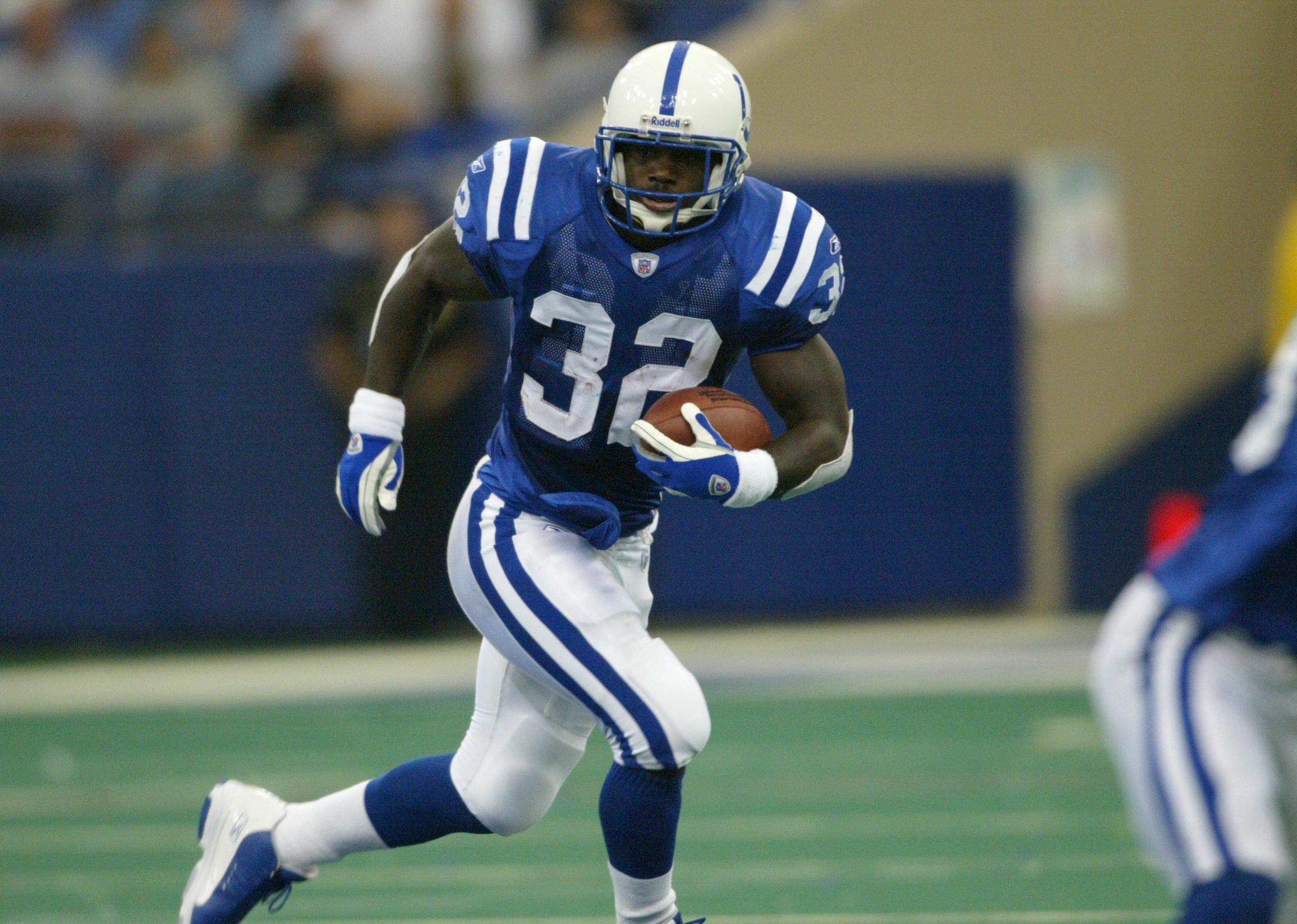 Edgerrin James of the Indianapolis Colts runs with the ball during a game