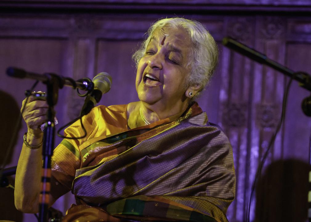 Close-up of Lakshmi Shankar performing.