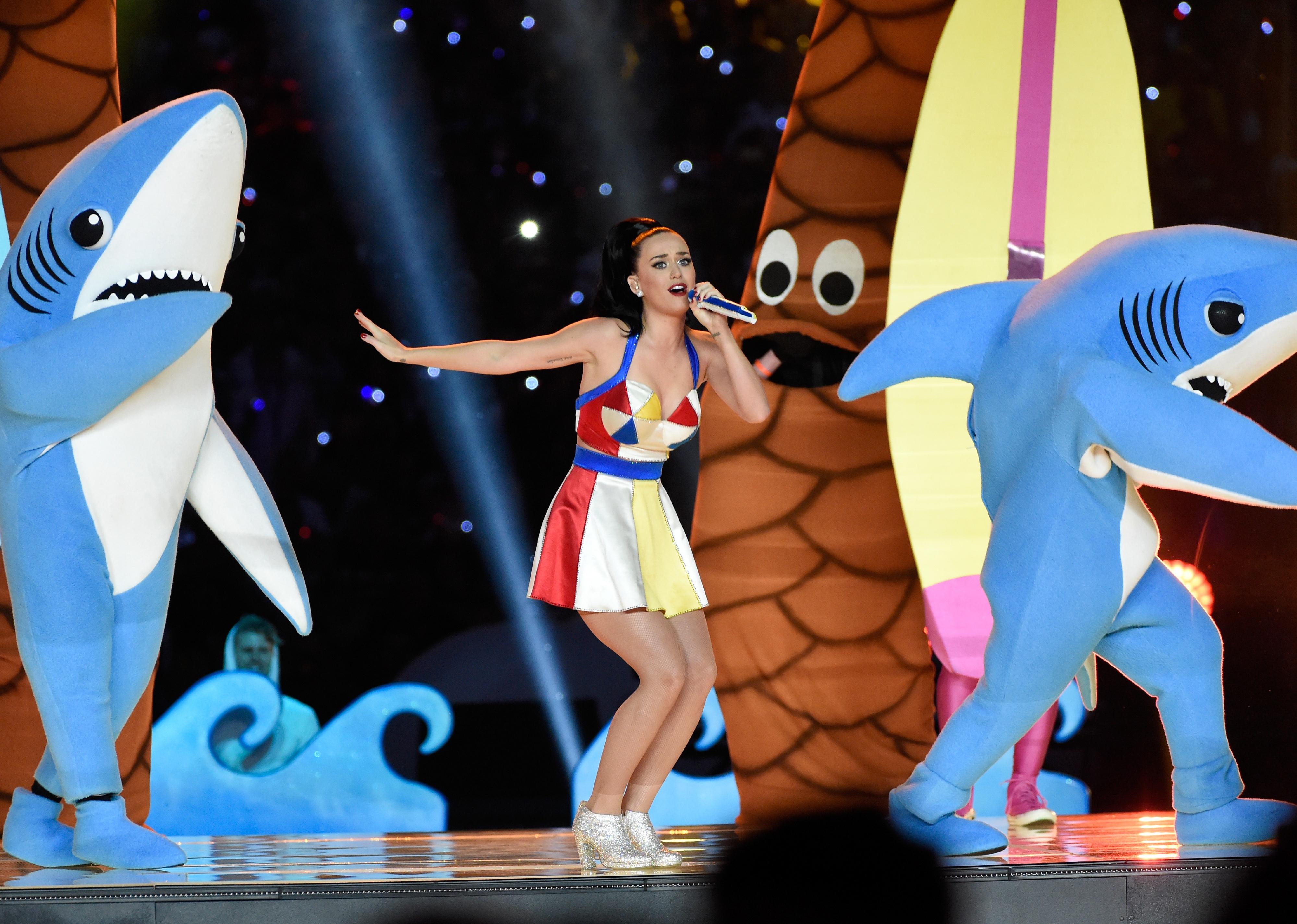 Katy Perry performs on stage during the Pepsi Super Bowl XLIX Halftime Show.