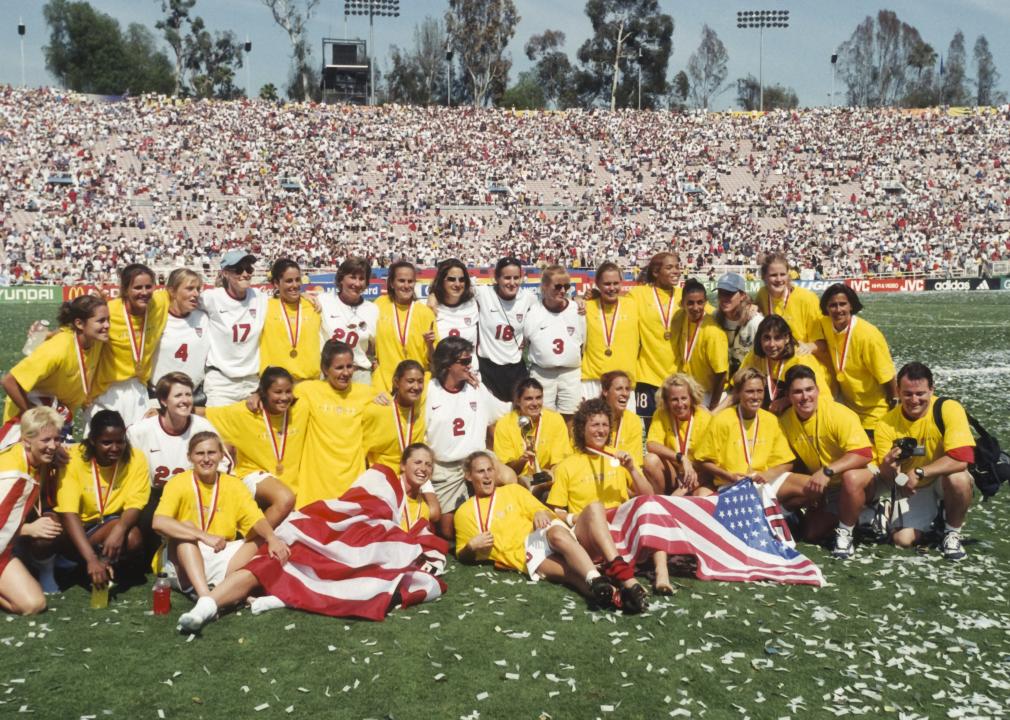 The USA Women's National Team celebrate winning the World Cup