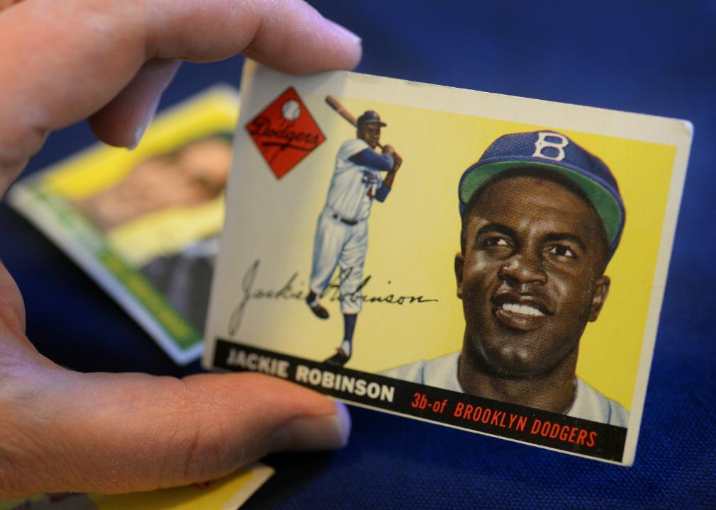 Jackie Robinson baseball card displayed 