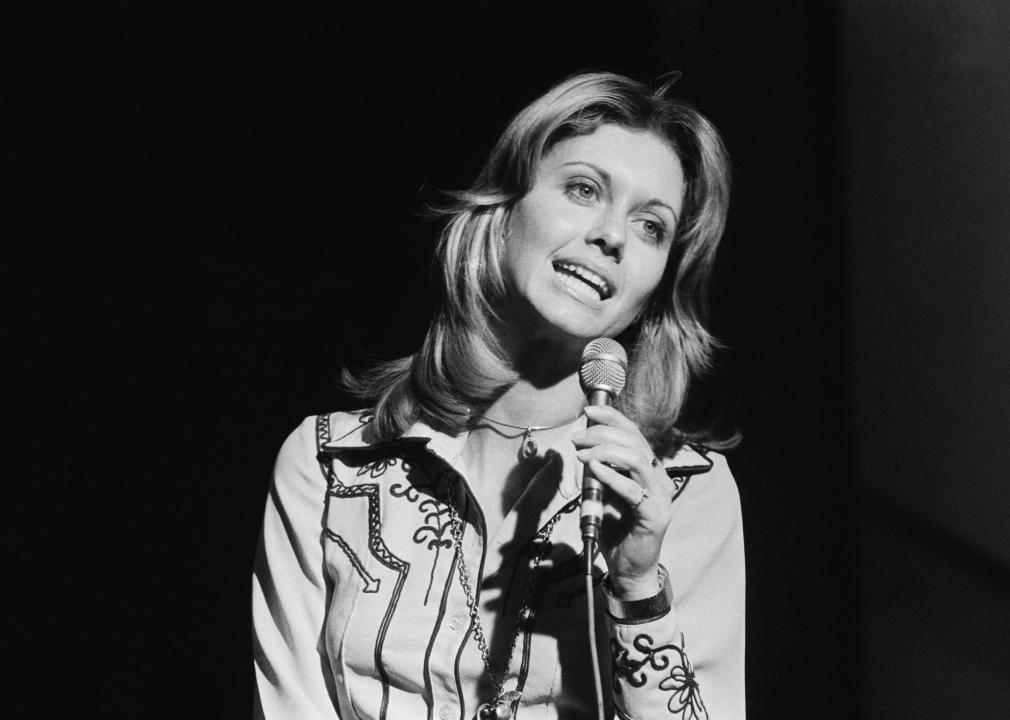 Olivia Newton-John performing on the BBC TV music show 'Top Of The Pops'.