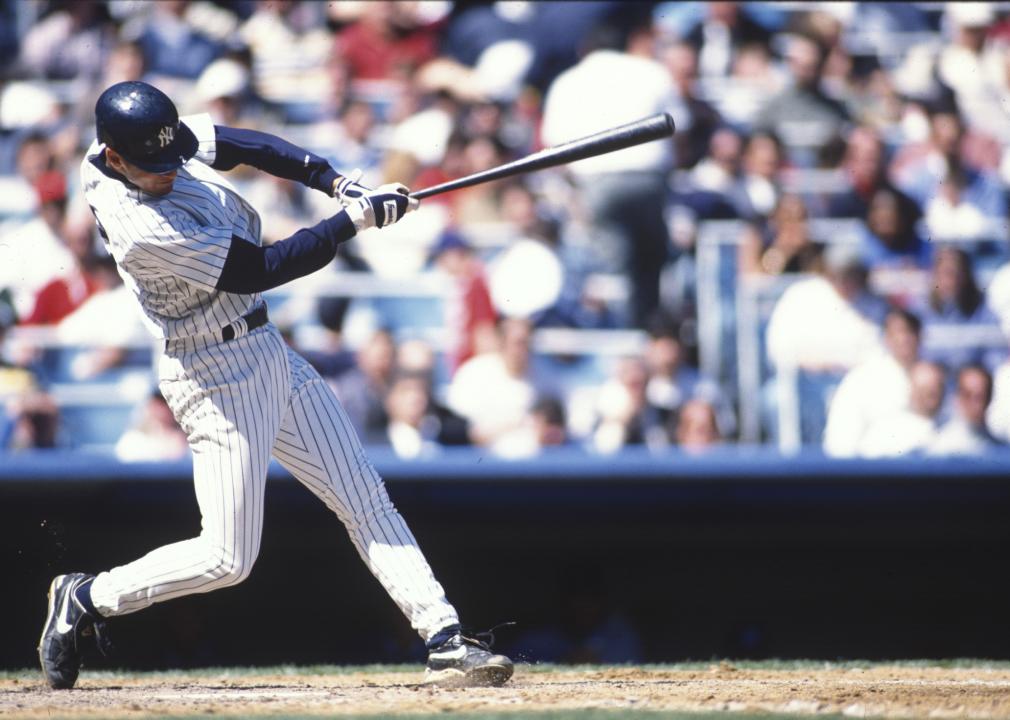 Derek Jeter bats during a game at Yankee Stadium