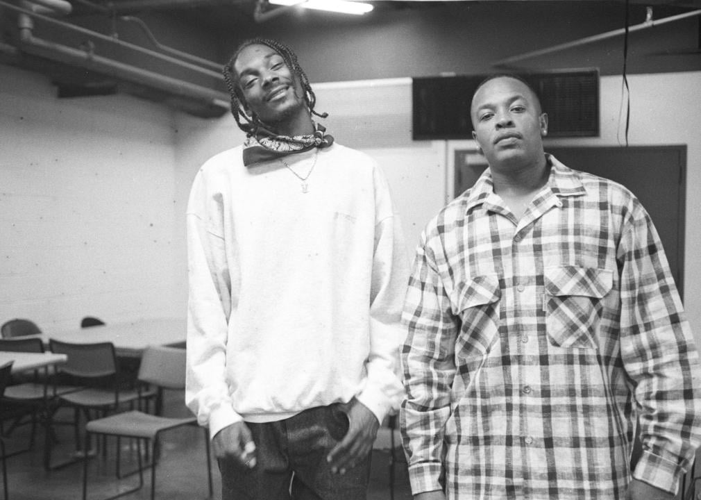 Dr. Dre and Snoop Dogg posing backstage at the Source Awards.
