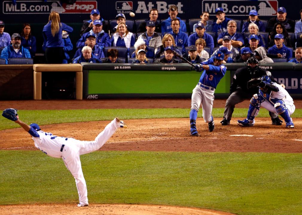 Curtis Granderson of the New York Mets hits a solo home run during Game One of the 2015 World Series.