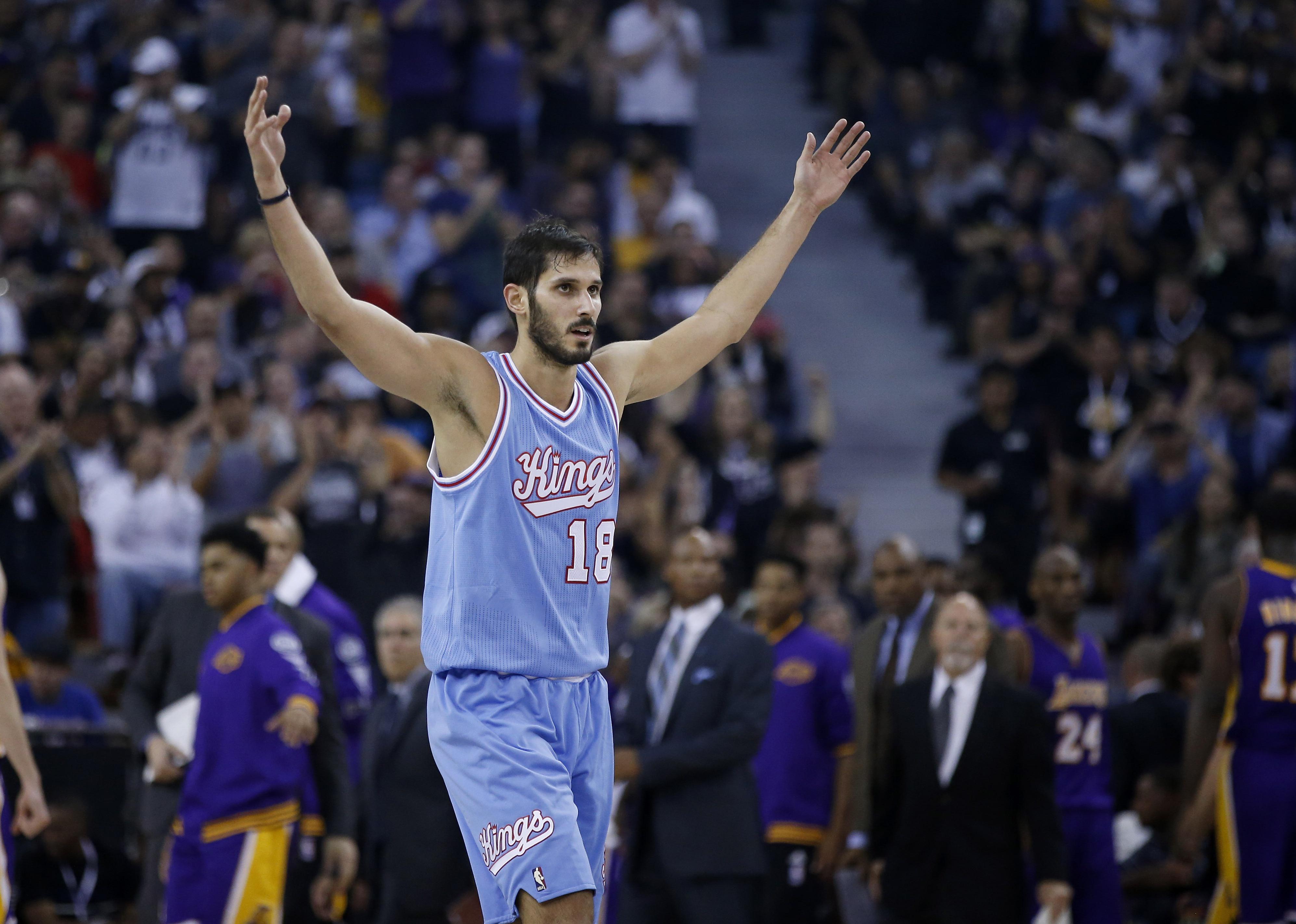 Omri Casspi of the Sacramento Kings reacts during a game against the Los Angeles Lakers.