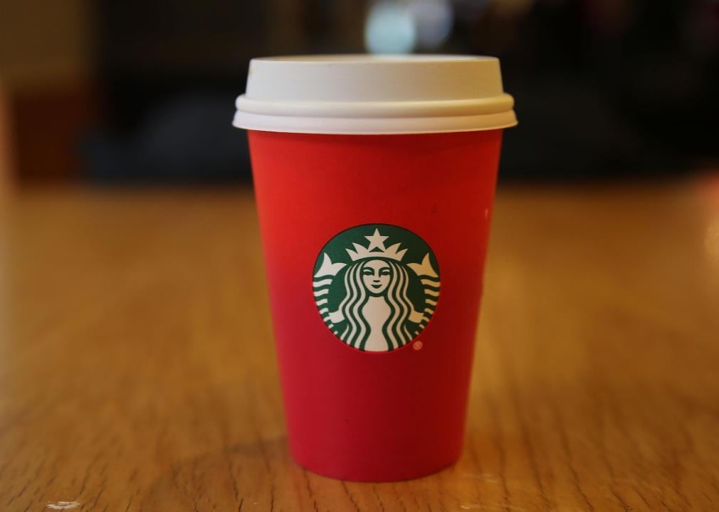 Close up detail of a red coffee cup with the Starbucks logo.