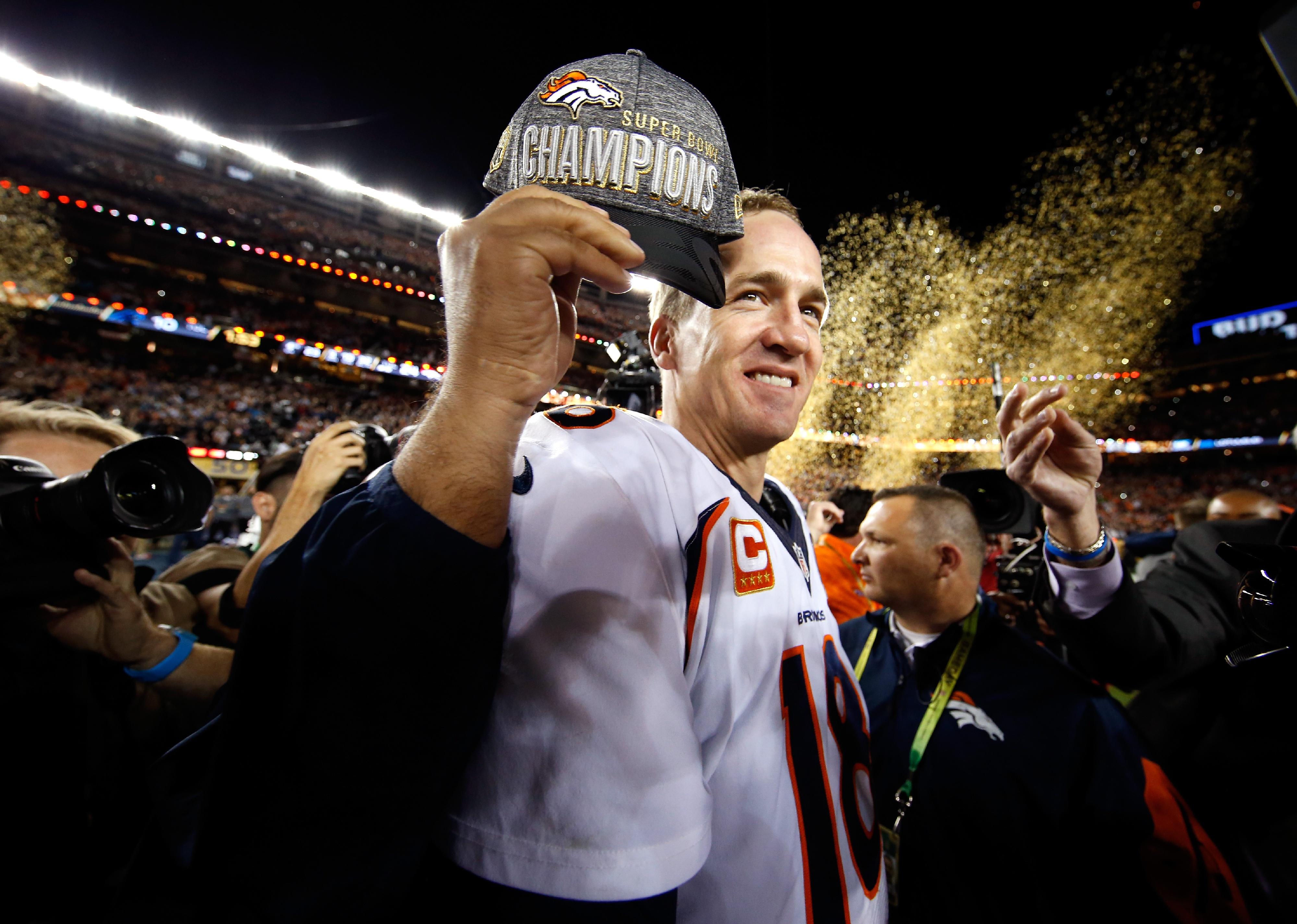 Peyton Manning of the Denver Broncos celebrates during Super Bowl 50.