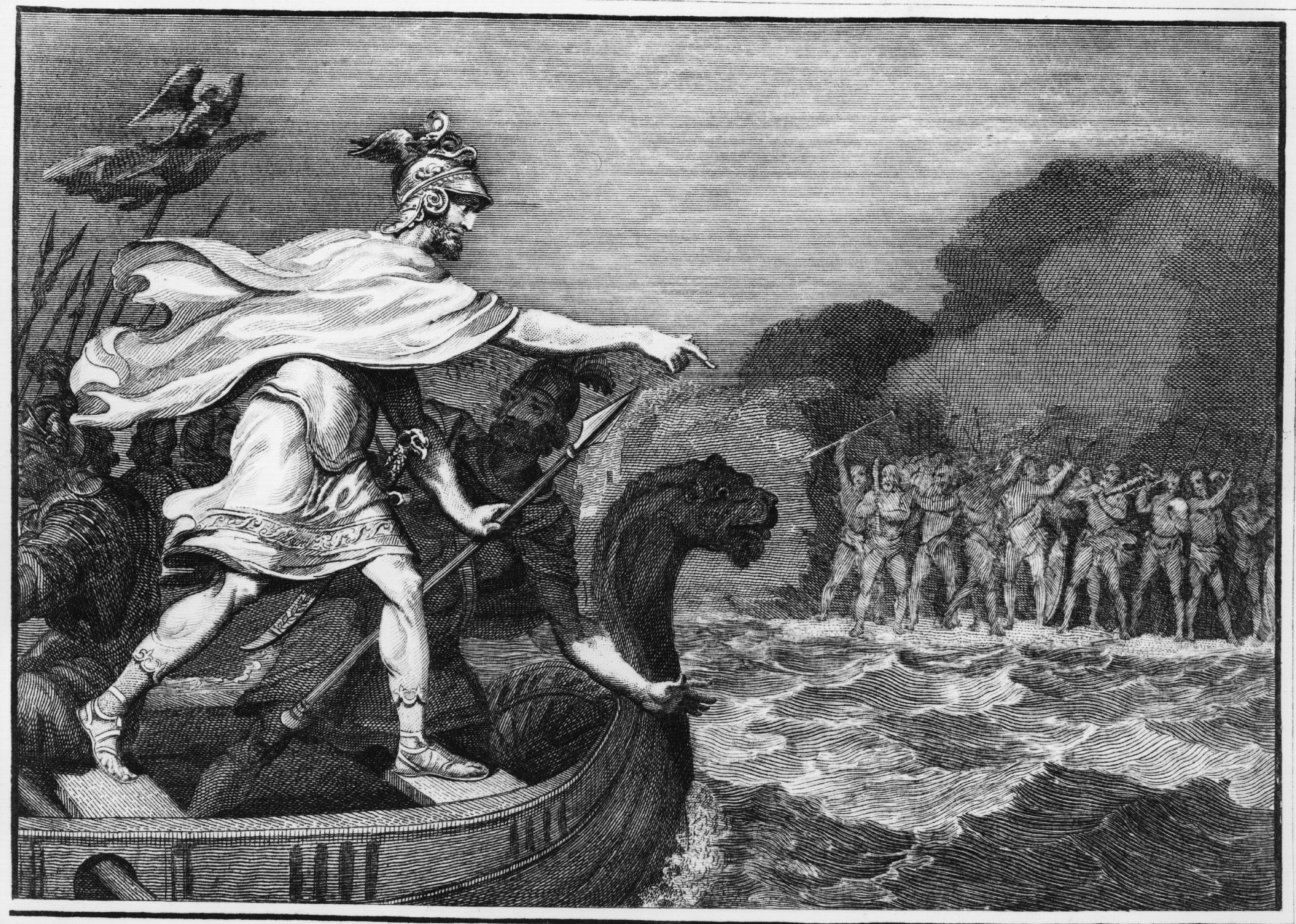 Illustration of Julius Caesar as he lands his craft during his invasion on Britain.
